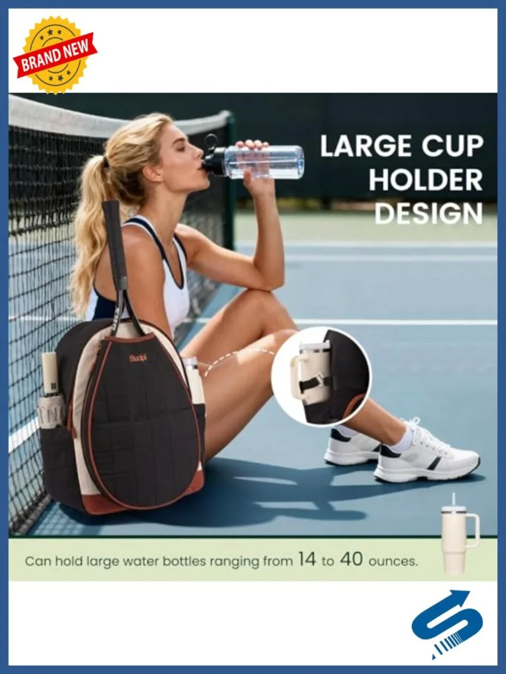 Quilted Tennis Backpack for Women, Pickleball Racquet Bag, 8 Pockets, Shoe
